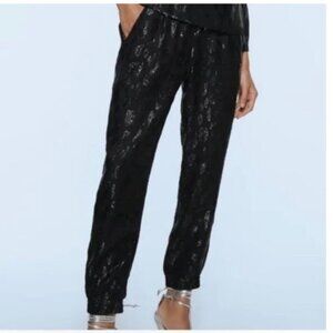 NWOT Zara Womens Black Leopard Print Tie Waist Joggers Size Small Lightweight